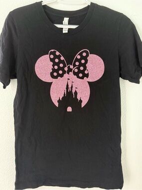 Black Womens Tee with Pink Glitter Minnie Castle Graphic